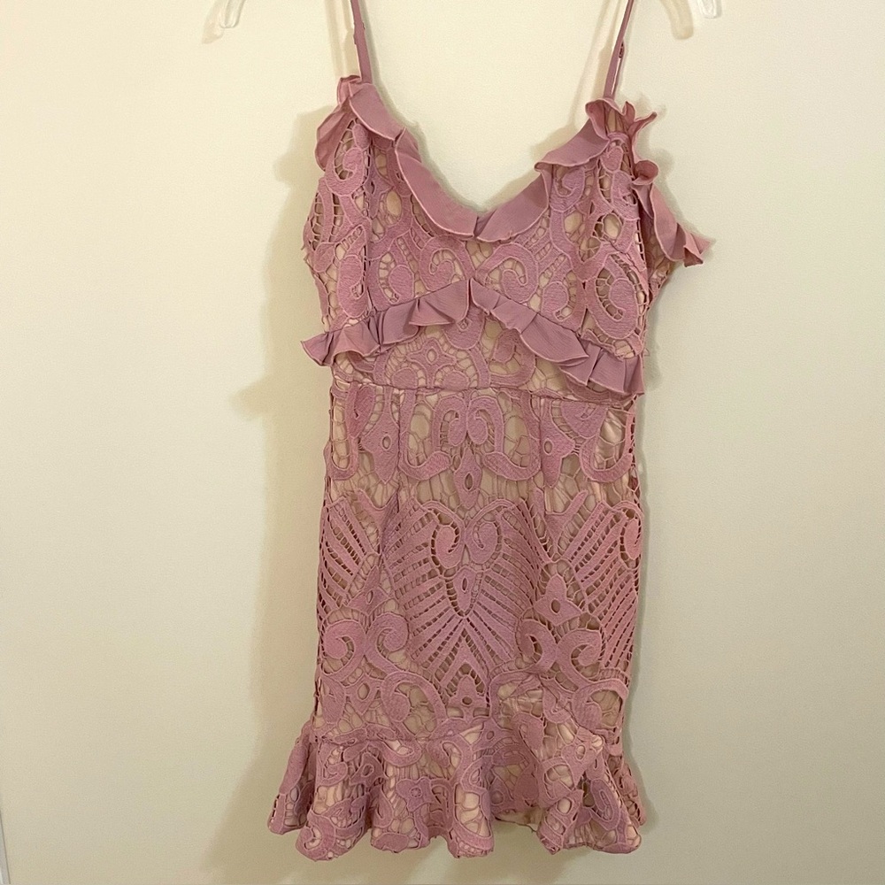 Angel Biba Mauve Crocheted Lace Overlay Ruffle Spaghetti Strap Mini Dress Size M